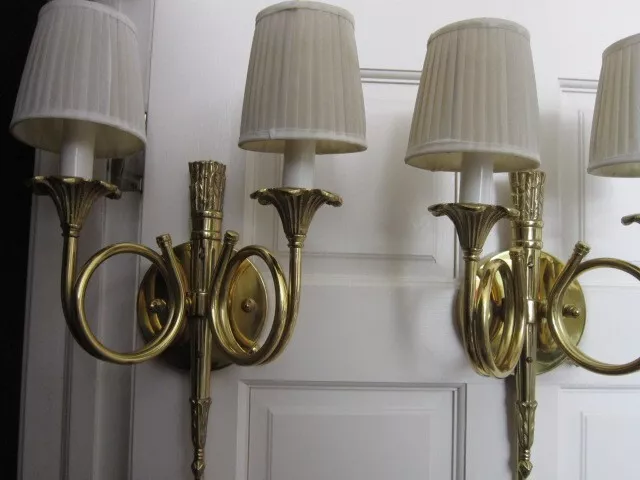 Two French Brass Horn Bouillotte Wall Sconce Lamps
