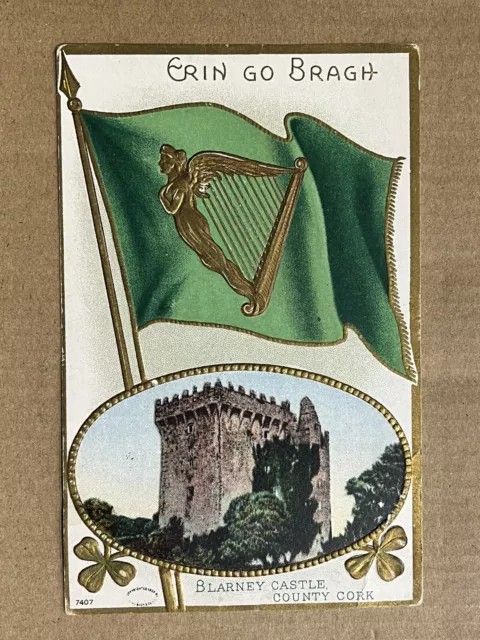 Postcard Erin Go Bragh Flag and Blarney Castle St. Patrick's Day Irish Cork 1912