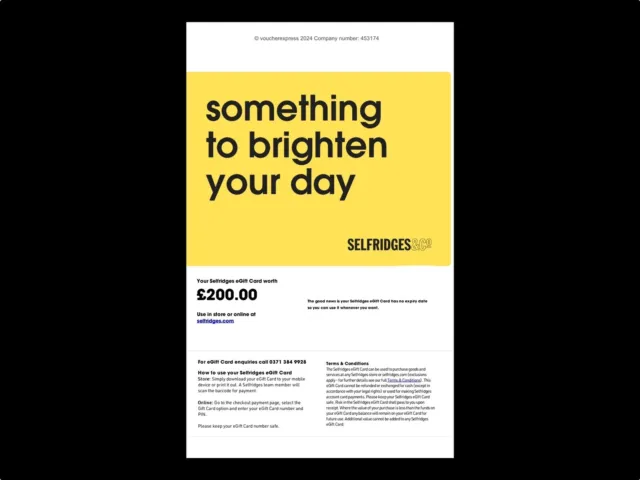 Selfridges £200 Gift Card  Use Online Or Instore Egift