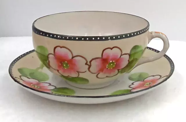 Te Oh Nippon China Teacup Saucer Hand Painted Floral Pink Green Handle Vintage