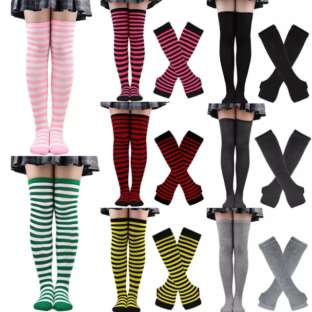 Women Striped Over Knee Thigh High Long Socks Arm Warmer Fingerless Gloves Set