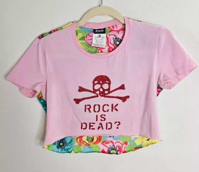 Dolce & Gabbana Pink Red Rhinestone Skull Graphic Rock Is Dead? Crop Top 28 / 42