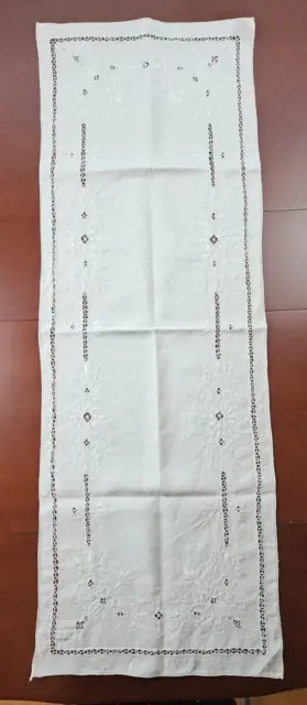 Antique Ivory Linen Embroidered Table Runner~ Victorian Openwork Drawn~ 51"