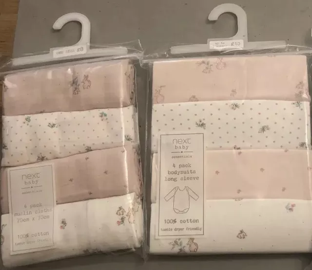 Girl Baby Bundle Up To 3 Months Vests & Muslin Cloths BNWT Pink & White NEXT