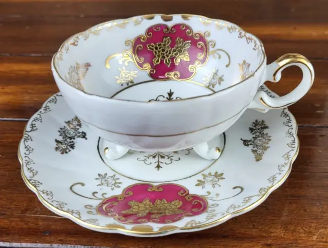 Royal Sealy China Decorative Red Gold Trim Tea Cup and Saucer Set Vintage Japan