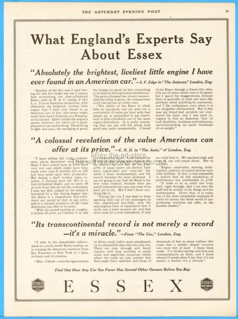 1921 Essex Motors Detroit MI 1920's Open Car Automobile England's Experts Ad