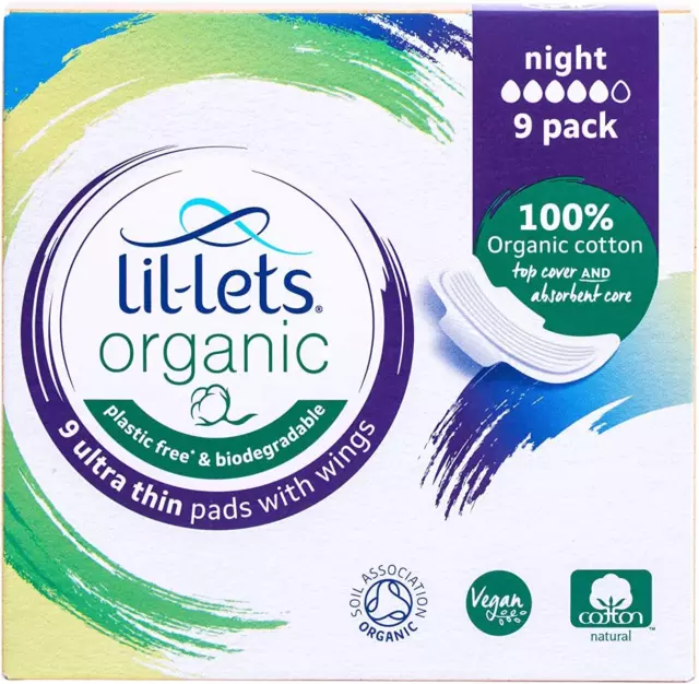 Lil-Lets Organic Cotton Night Pads, 9 Count, Ultra Thin Wings Medium to Heavy Fl