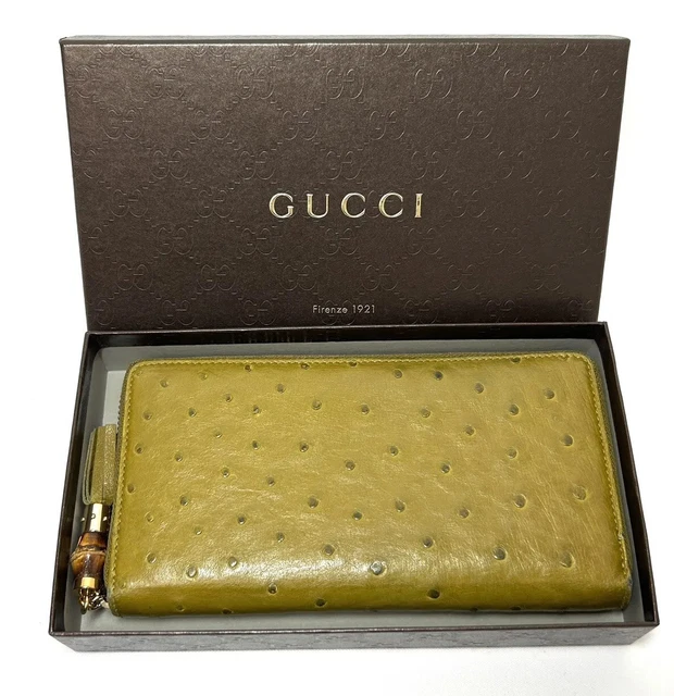 Gucci  Ostrich Long Wallet  Round Zipper Yellow Green Vintage Authentic