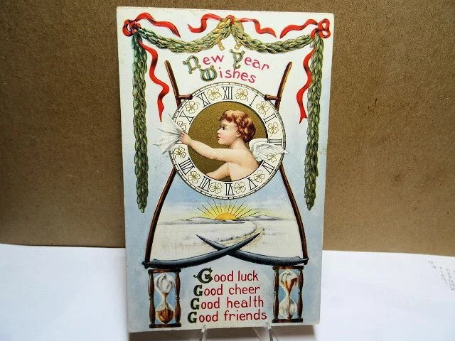 New Year Wishes Postcard 1913 Cleaning The Clock At Sunrise