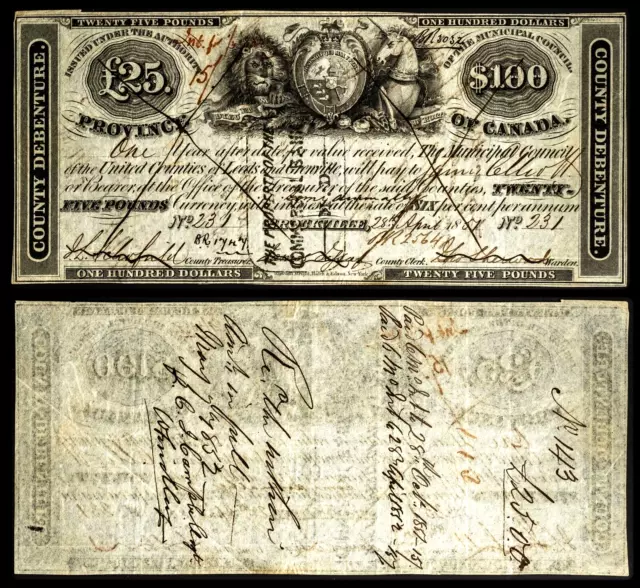 Canada.  1851 Leeds & Grenville $100 County Debenture, Brockville. EF P-M4-1