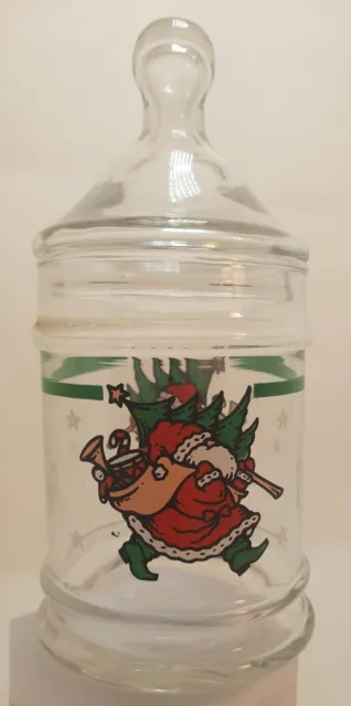1990 Christmas Apothecary Glass Candy Lidded Santa Tree 7" Vtg Clear Graphics