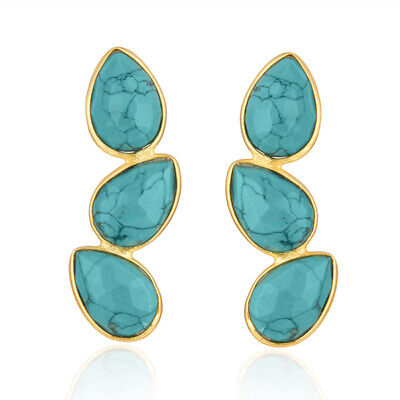 Handmade Turquoise Gemstone Stud Earring 18k Gold Plated Women Fashion Earrings