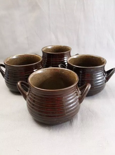 Set of 4 Crate & Barrel Brunswick Soup Bowls Dark Brown Stoneware Double Handle