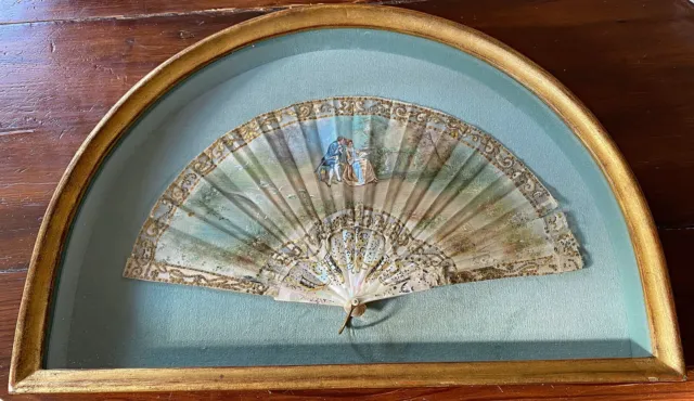 Antique French Hand Painted 19th C Silk Fan Pearl Sticks Signed  WW883