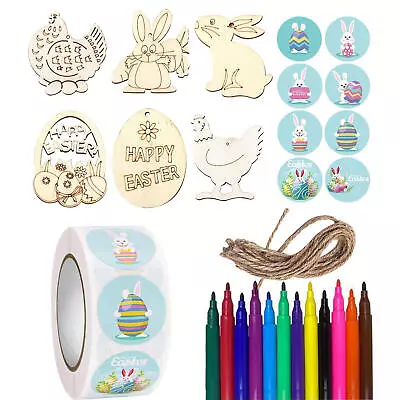 Diy Easter Wooden Pendant Sticker Pen Set Rabbit Egg Hanging Ornament Kid Toy