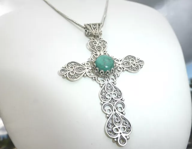 STUNNING STERLING SILVER FILIGREE GREEN TURQUOISE CROSS NECKLACE Signed