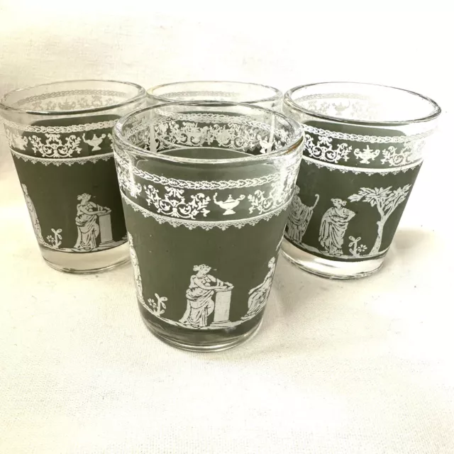 Set Of 4 Vintage Jeanette Hellenic Green Shot Glasses Grecian Design