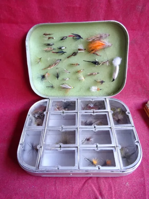 A Good Vintage 12 Compartment Wheatley Silmalloy Flyfishing Tin + Contents