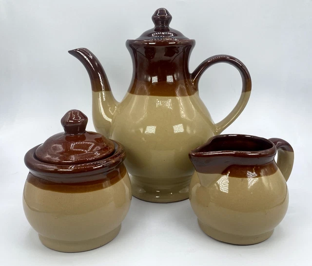 Vintage Stoneware Pottery Teapot w/ Cream and Sugar—Coffee/Tea Service—Set of 3