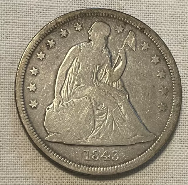 1843 Seated Liberty  Silver dollar, Nice VG, Scarce date !
