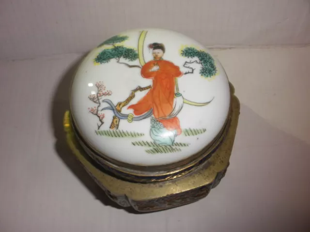 Nice Vintage Antique Chinese Enamel Animals  Box With Porcelain Top Woman Scene 3