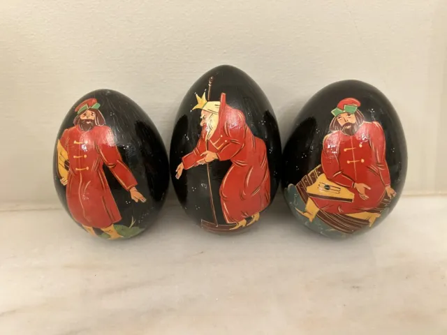 3 Russian Hand painted Wooden Eggs 1991