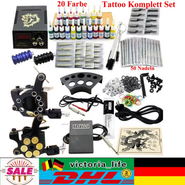 Tattoo Komplett Set Anfänger Tätowierung Gerä Tattoo Maschine 50 Nadeln 20 Farbe