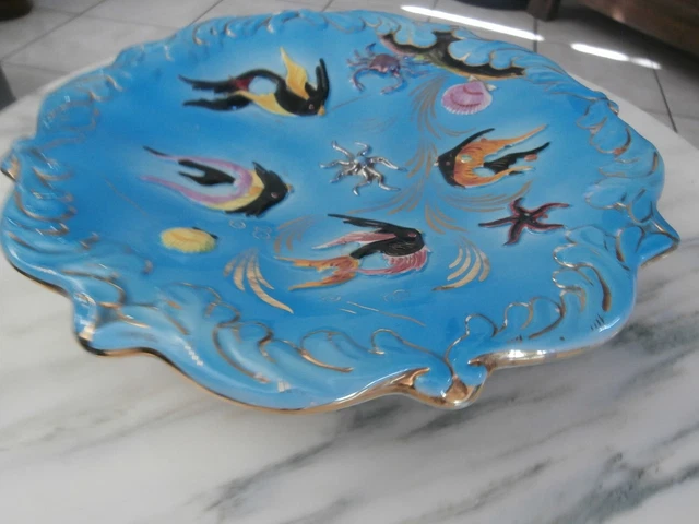 Grand Plat Faience signé Cerdazur MONACO décor Fond Marin Poissons Coquillages..