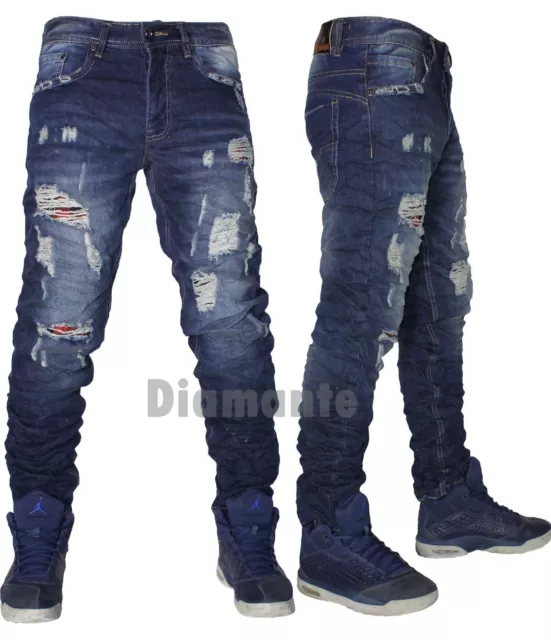 Jeans uomo Denim pantaloni strappati sfilacciati blu slim comfort  nuovo 6552