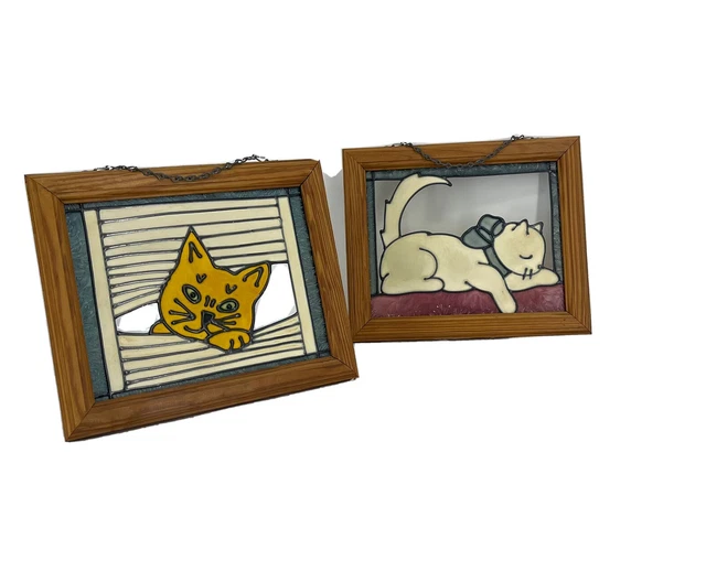 Vintage Stained Glass Set of 2 Cat Wall Window Panel In Wood Frame Handmade Slag
