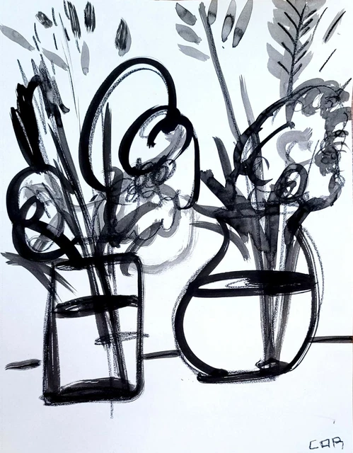 Impressionism Figuretive New Original Flower Black Ink Wall Art Contemporary