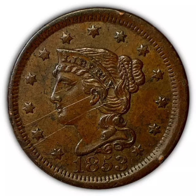 1853 Braided Hair Large Cent Almost Uncirculated AU Coin, Scratched #2833