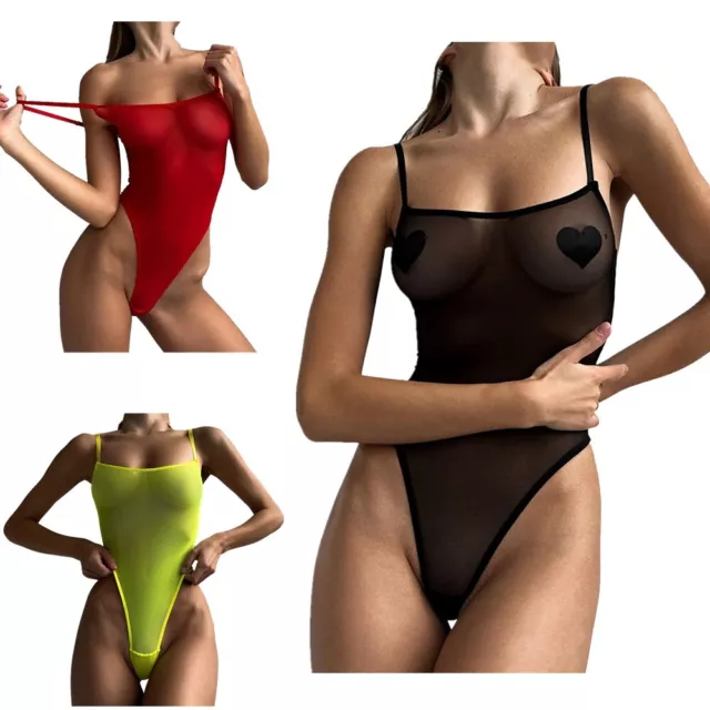 Womens One-Piece Sheer Mesh Bodysuit Leotard Monokini High Cut Thong Swimsuit