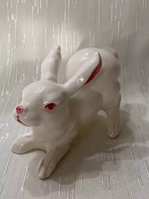 White Porcelain Crouching Bunny Rabbit with real cotton tail marked 39