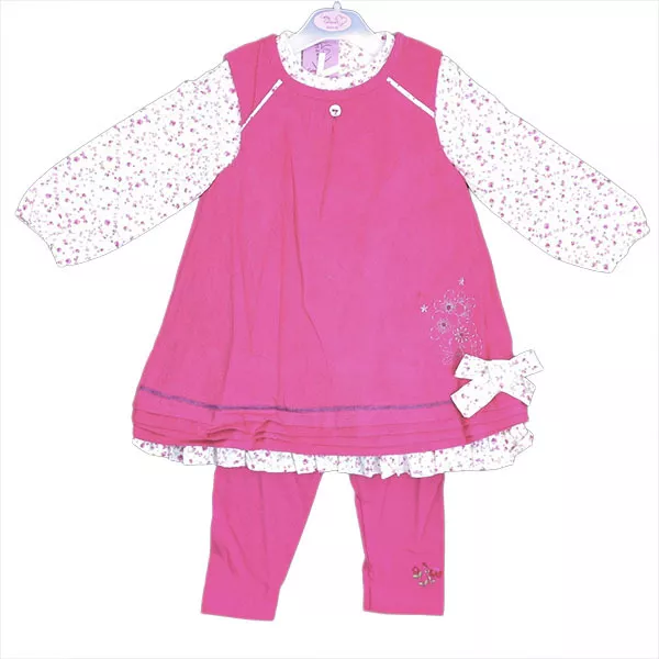 UK Cotton Kids Baby Girls Pink Corduroy Dress Top Leggings Clothes Set 6-24mths