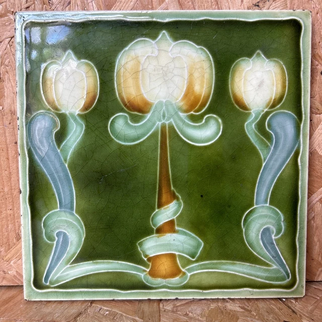 Vintage Art Deco Fireplace Hearth Tile Trivet - Green Blue Flowers - 6" x 6"