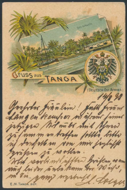 DOA Adler EF Litho-AK Gruß aus Tanga 1898 Wandsbek Weiterleitung Attest (S21576)