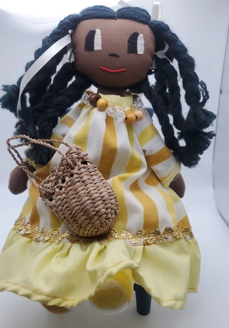 African American Folk Art Primitive Style Cloth Rag Doll Handmade Straw Purse