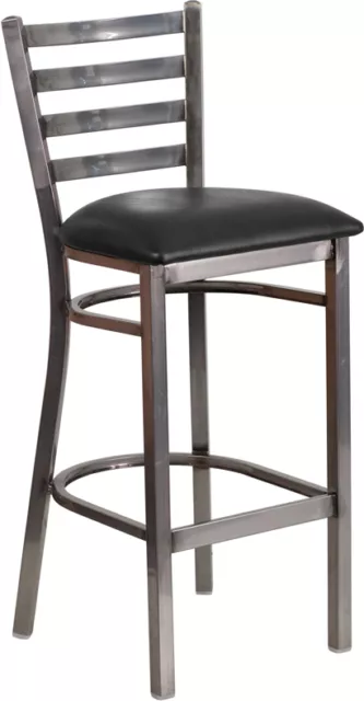 Clear Coated Ladder Back Metal Restaurant Barstool with Black Vinyl Seat