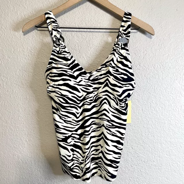 Kona Sol Women's S Zebra Print Ring Strap Swim Tankini Top Black White