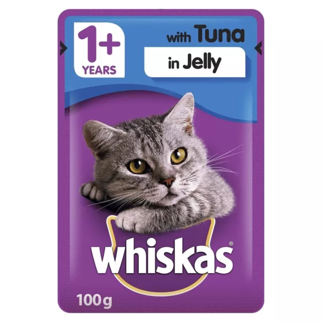 Whiskas para adultos bolsas de comida húmeda para gatos atún en jalea 100 g deliciosas rebanadas de comida para gatos