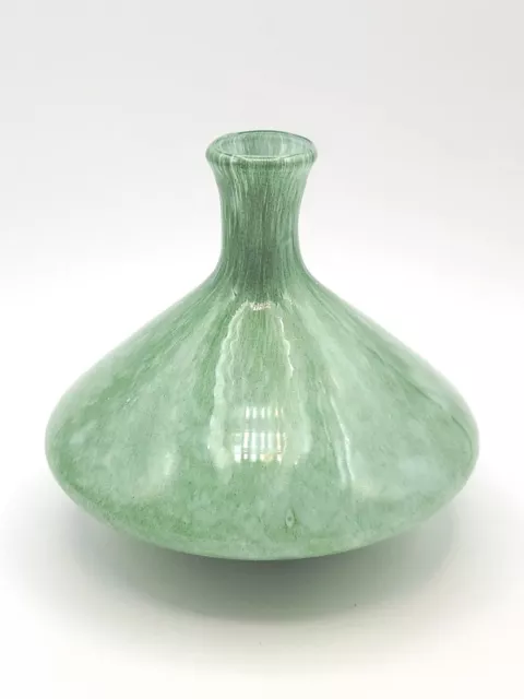 Studio Art Glass Hand Blown Green Speckled Wide Bottom Bud Vase