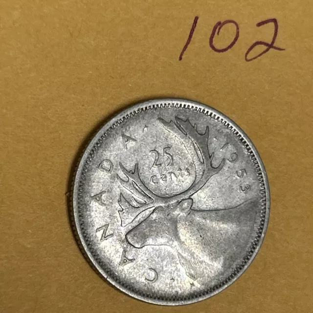 1953 Canada 25 Cents - 80% Silver - Canadian Quarter Dollar - Elizabeth II #102
