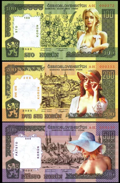 LOT 3 pcs Czech Republic 100 200 500 Korun 2023 year -Czechoslovakia POLYMER UNC