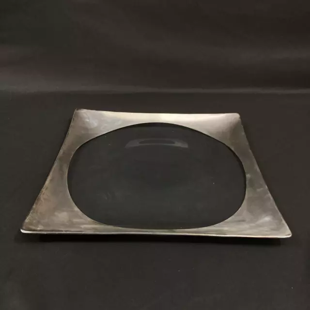 Vintage 12.5 inch Square Glass Platter With Sterling Silver Rim