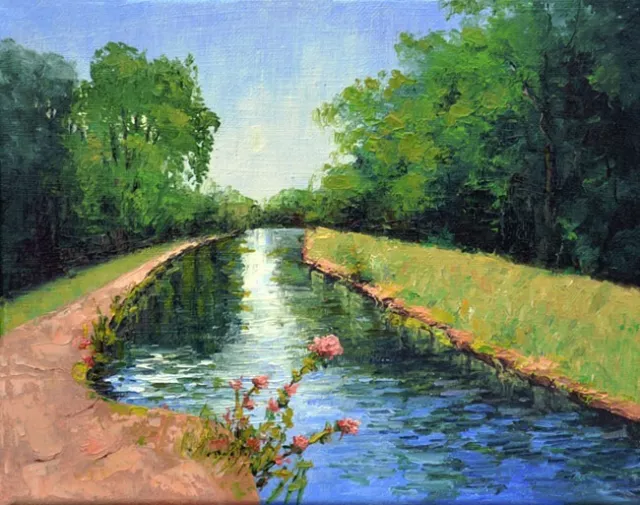 Original Impressionism Oil Painting on Canvas, England Park River Pond Landscape