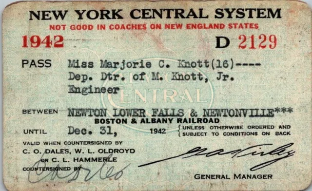 1942 New York Central System Railroad Pass - Engineer