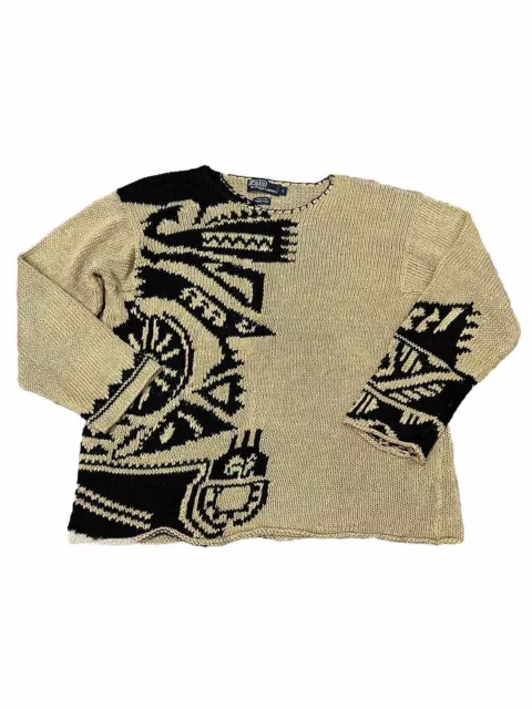 Vintage Polo Ralph Lauren Hand Knit Sweater Linen Tribal Native Southwest Large