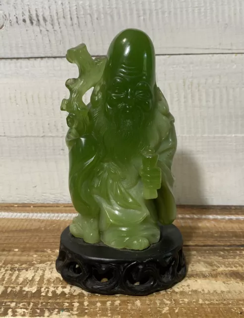 Vintage Resin Faux Jade Hand Carved Old Man Wise Longevity Figurine Statue