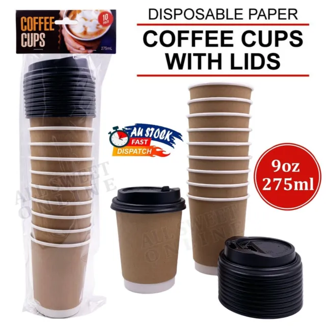 150pk Disposable Coffee Cups Double Wall 9Oz 275ml With Lids Takeaway Brown Cups